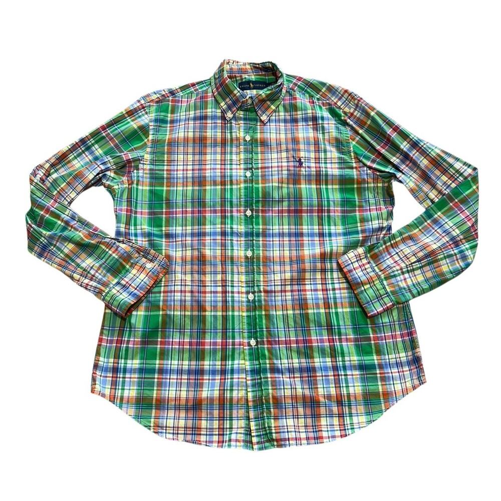Ralph Lauren Men's L Preppy Green Plaid Button Down Shirt Purple Pony